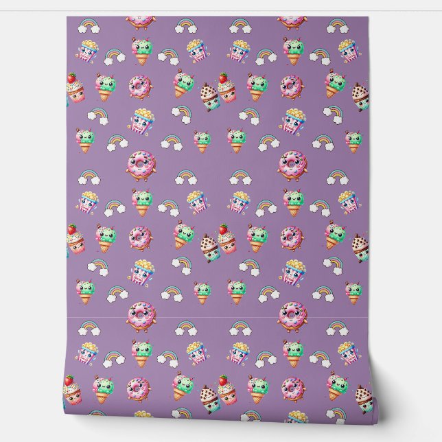 Cute Kawaii  Patterned Food Wallpaper (Unrolling)