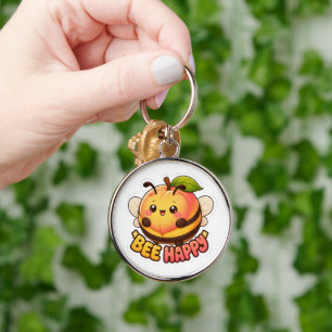 Cute Kawaii Peach Bee Happy Funny Pun Keychain