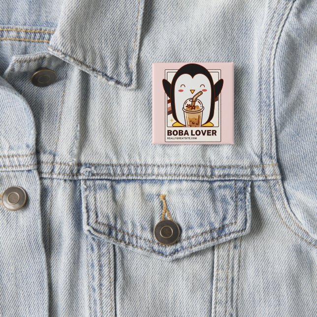 Cute Kawaii Penguin Boba Lover  2 Inch Square Button (In Situ)