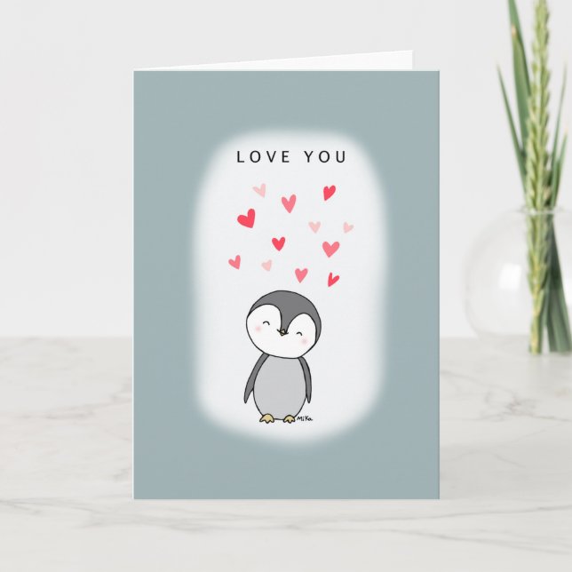 Cute Kawaii Penguin love you Valentine Anniversary Card (Front)