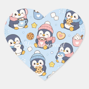Cute Kawaii Penguin Winter Pattern   Cozy Hot Coco Heart Sticker
