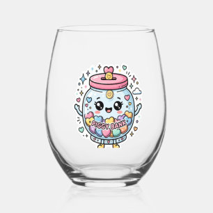 Cute Kawaii Piggy Bank Charity Jar Heart Coin Stic Stemless Wine Glass