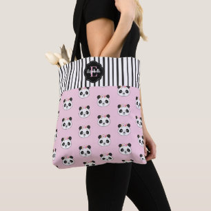 Cute Kawaii Pink Black Panda Monogram Tote Bag