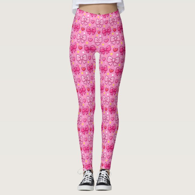 Cute Kawaii Pink Bows Girly Leggings (Front)