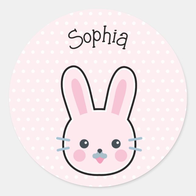 Cute Kawaii Pink Bunny and Polka Dots Classic Round Sticker (Front)