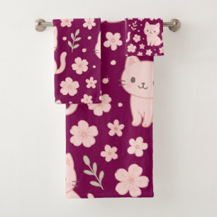 Cute Kawaii Pink Cats and Flowers Towel Set
