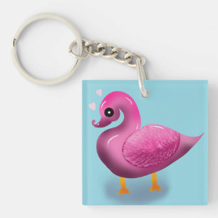 Cute Kawaii Pink Duck & Hearts Nursery Art Keychain