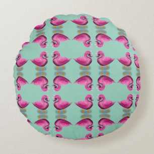 Cute Kawaii Pink Duck & Hearts Nursery Art Round Pillow