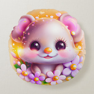 Cute Kawaii Pink Mouse  Round Pillow
