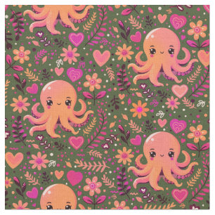 Cute kawaii pink octopus floral fabric