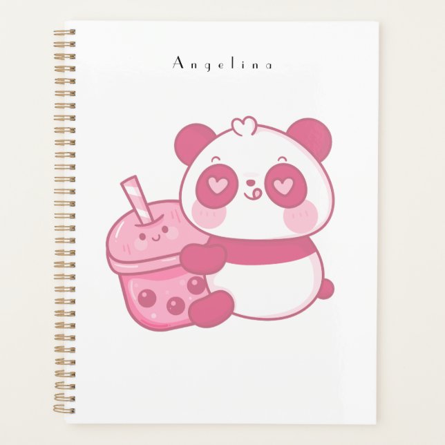 Cute Kawaii Pink Panda Bear With Drink  Planner (Front)