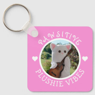 Cute Kawaii Pink Pawsitive Plushie Vibes Photo Keychain