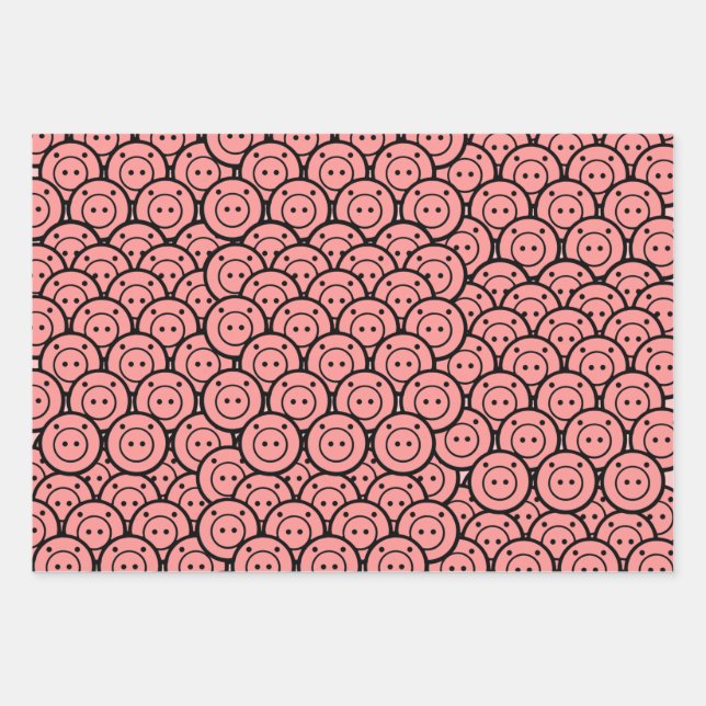 Cute Kawaii Pink Pigs & Piglets Pattern Vector Art Wrapping Paper Sheet (Front)
