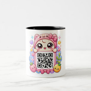 Cute Kawaii Pink QR Code Character Floral Pastel R Two-Tone Coffee Mug