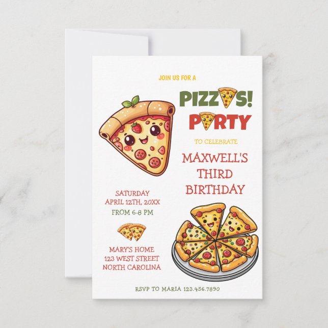 Cute Kawaii Pizza Party kids Birthday  Invitation (Front)