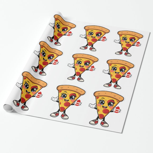 Cute Kawaii Pizza Wrapping Paper for Kids Birthday (Unrolled)