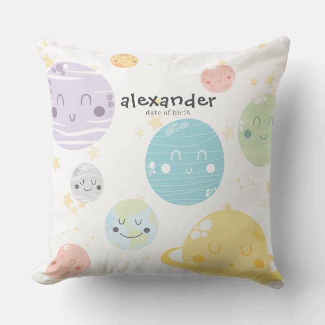 Cute Kawaii Planets and Stars Monogram Throw Pillow (Front)