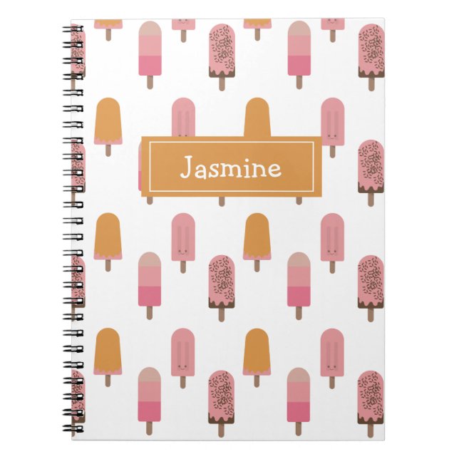 Cute Kawaii Popsicle Iced Pops Lolly Pink Monogram Notebook (Front)