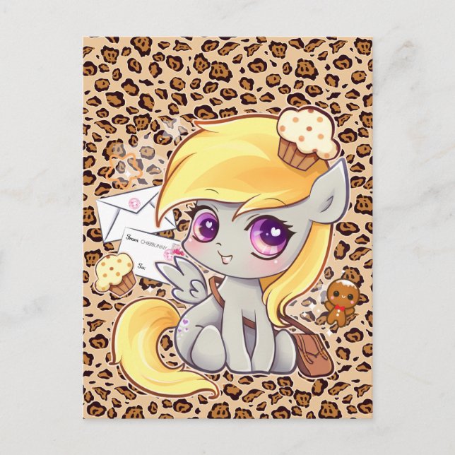 Cute kawaii postman pony on leopard print postcard (Front)