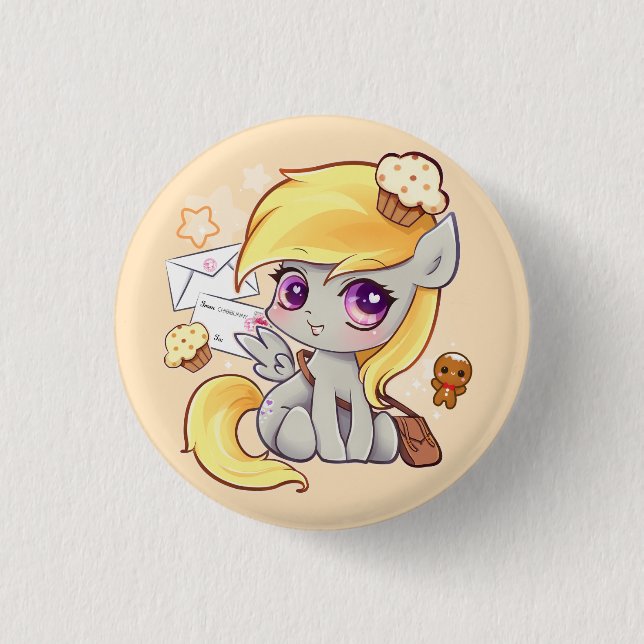 Cute kawaii postman pony with letters and cupcakes 1 inch round button (Front)