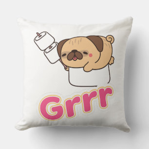 Cute Kawaii Pug Dog with Marshmallows Grrr Throw Pillow