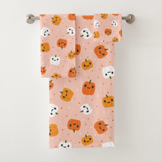 Cute Kawaii Pumpkin Faces Pattern Bath Towel Set (Insitu)