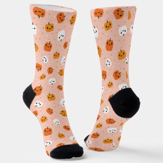 Cute Kawaii Pumpkin Faces Pattern Socks (Angled)