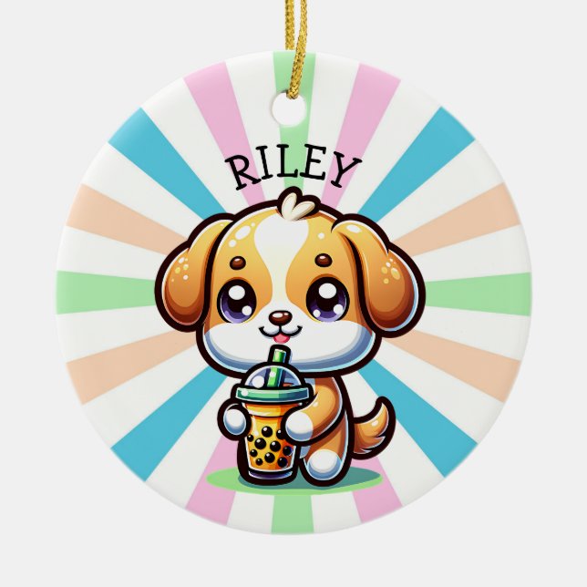 Cute Kawaii Puppy Dog with Bubble Tea Personalized Ceramic Ornament (Front)