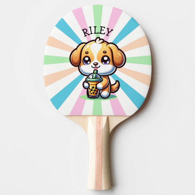 Cute Kawaii Puppy Dog with Bubble Tea Personalized Ping Pong Paddle (Front)