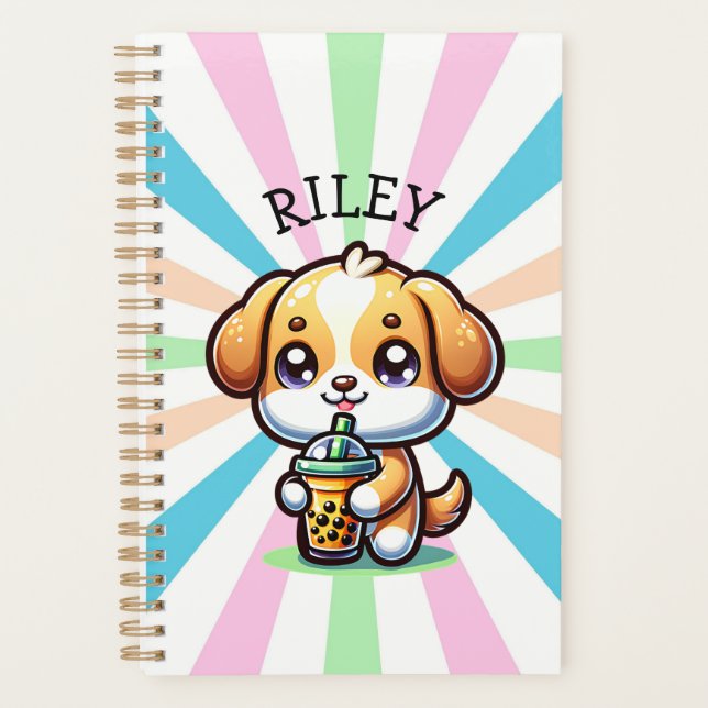 Cute Kawaii Puppy Dog with Bubble Tea Personalized Planner (Front)