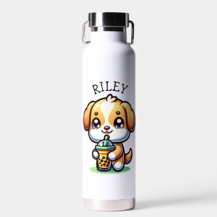 Cute Kawaii Puppy Dog with Bubble Tea Personalized Water Bottle