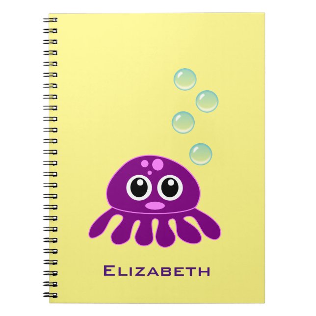Cute Kawaii Purple Jellyfish with Blue Bubbles Notebook (Front)