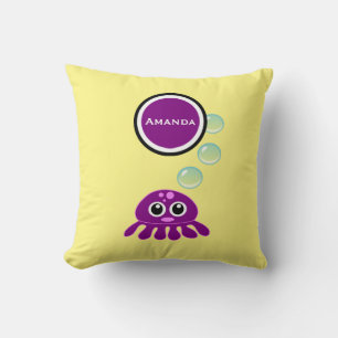 Cute Kawaii Purple Jellyfish with Blue Bubbles Throw Pillow