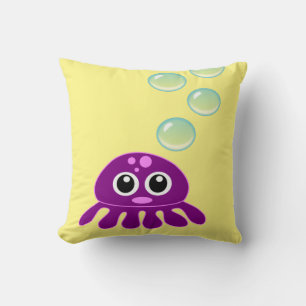 Cute Kawaii Purple Jellyfish with Blue Bubbles Throw Pillow