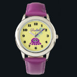 Cute Kawaii Purple Jellyfish with Blue Bubbles Watch<br><div class="desc">A cute little cartoon illustration of a purple jellyfish with pink spots and big kawaii eyes,  some little blue water bubbles hovering over her head. Set on a light yellow background. Personalize with a name.</div>