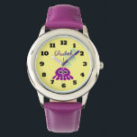 Cute Kawaii Purple Jellyfish with Blue Bubbles Watch<br><div class="desc">A cute little cartoon illustration of a purple jellyfish with pink spots and big kawaii eyes,  some little blue water bubbles hovering over her head. Set on a light yellow background. Personalize with a name.</div>