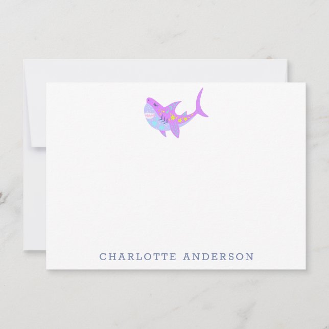 Cute Kawaii Purple Shark Personalized Stationery Card (Front)