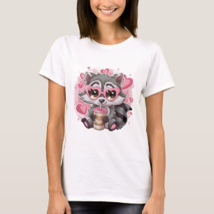 Cute Kawaii Raccoon Heart Glasses Pastel Pink T-Sh T-Shirt