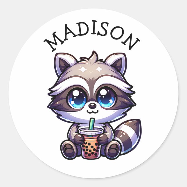 Cute Kawaii Raccoon with Bubble Tea Personalized Classic Round Sticker (Front)