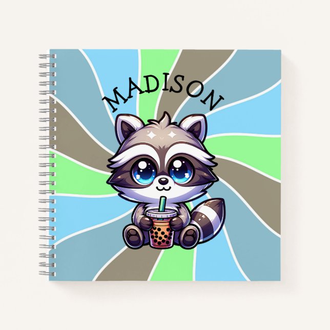 Cute Kawaii Raccoon with Bubble Tea Personalized Notebook (Front)