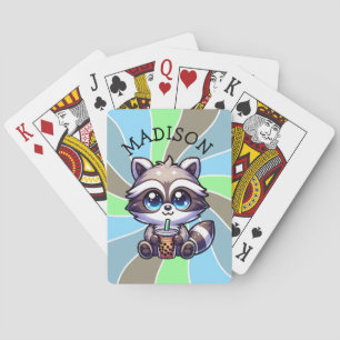 Cute Kawaii Raccoon with Bubble Tea Personalized Playing Cards