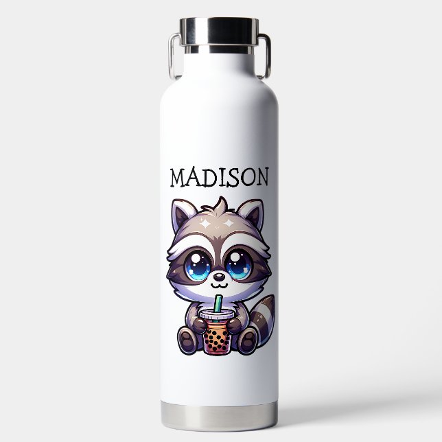 Cute Kawaii Raccoon with Bubble Tea Personalized Water Bottle (Front)