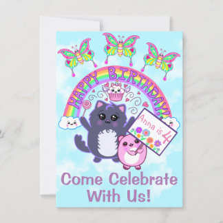 Cute Kawaii Rainbow Birthday Party Invitations