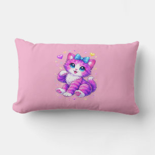 Cute Kawaii Rainbow Kitten Sparkle Hearts Design Lumbar Pillow