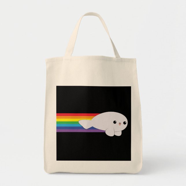 Cute Kawaii Rainbow Rocket Baby Seal Grocery Tote (Front)