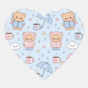 Cute Kawaii Rainy Day Teddy Bear Pattern Pastel Heart Sticker