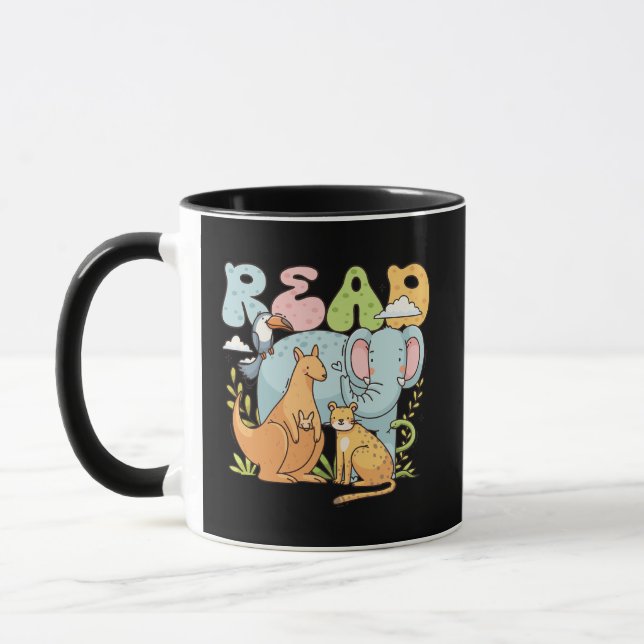 Cute Kawaii Reading Animals Pastel Retro READ Mug (Left)