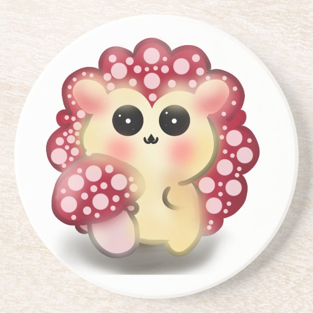 Cute Kawaii Red Mushroom Hedgehog Toadstool Art Coaster (Front)