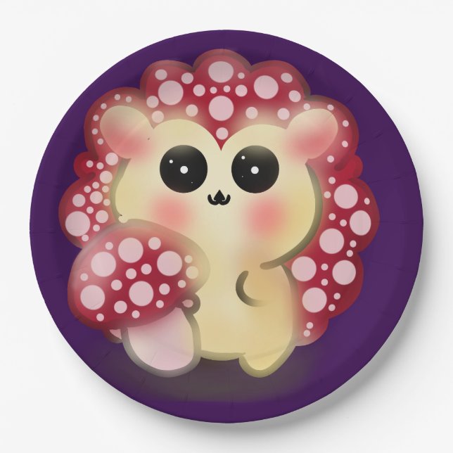 Cute Kawaii Red Mushroom Hedgehog Toadstool Art Paper Plate (Front)