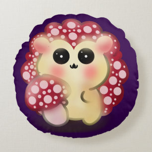 Cute Kawaii Red Mushroom Hedgehog Toadstool Art Round Pillow